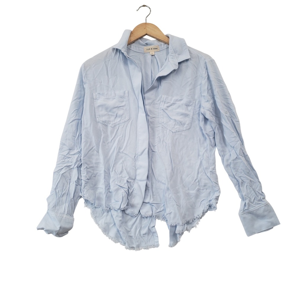 Cloth & Stone Button Down Shirt Womens Small Blue Frayed Hem Split Back Rayon